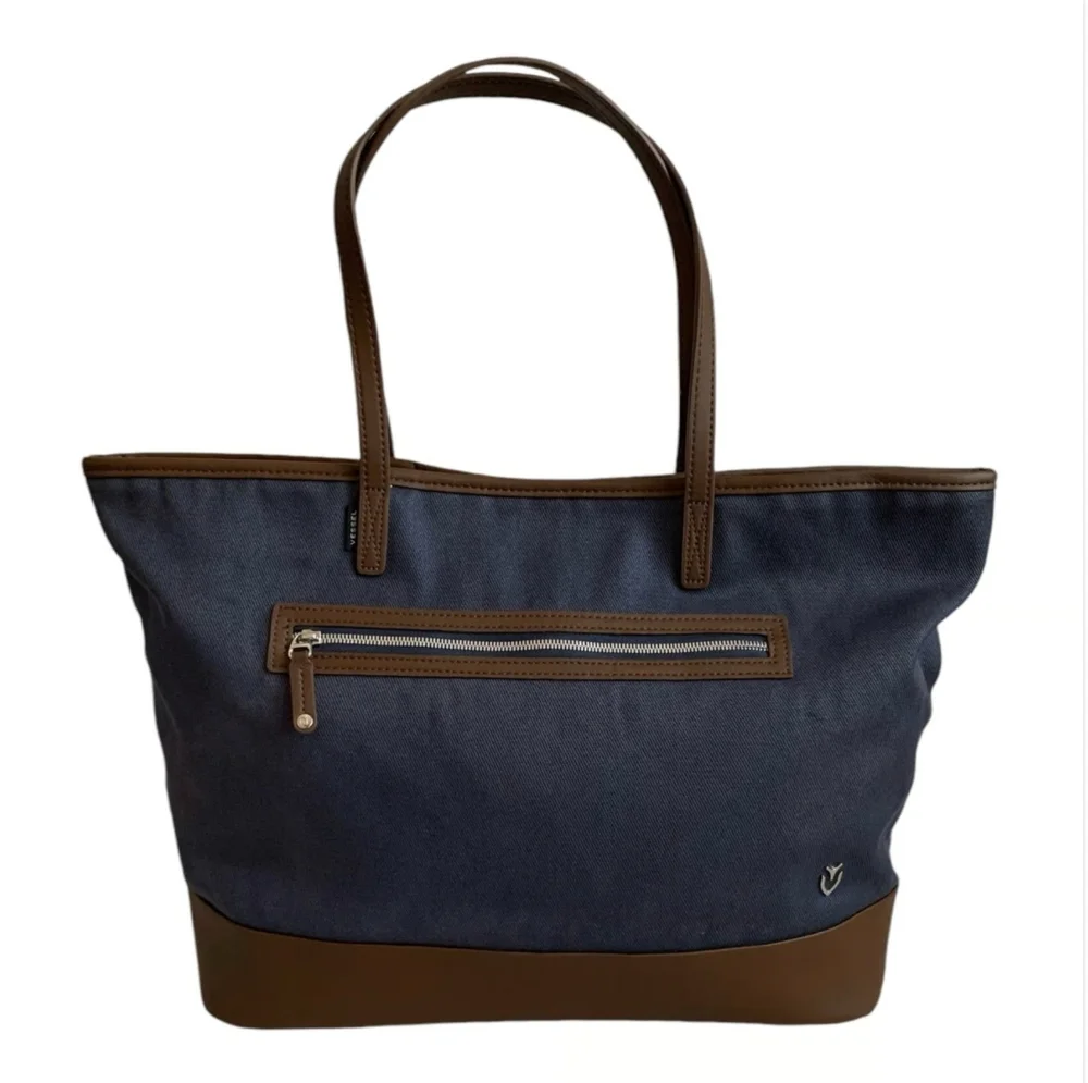 VESSEL Brown Blue Denim Canvas Leather Tote Bag Weekend Shoulder Zip Very Good
